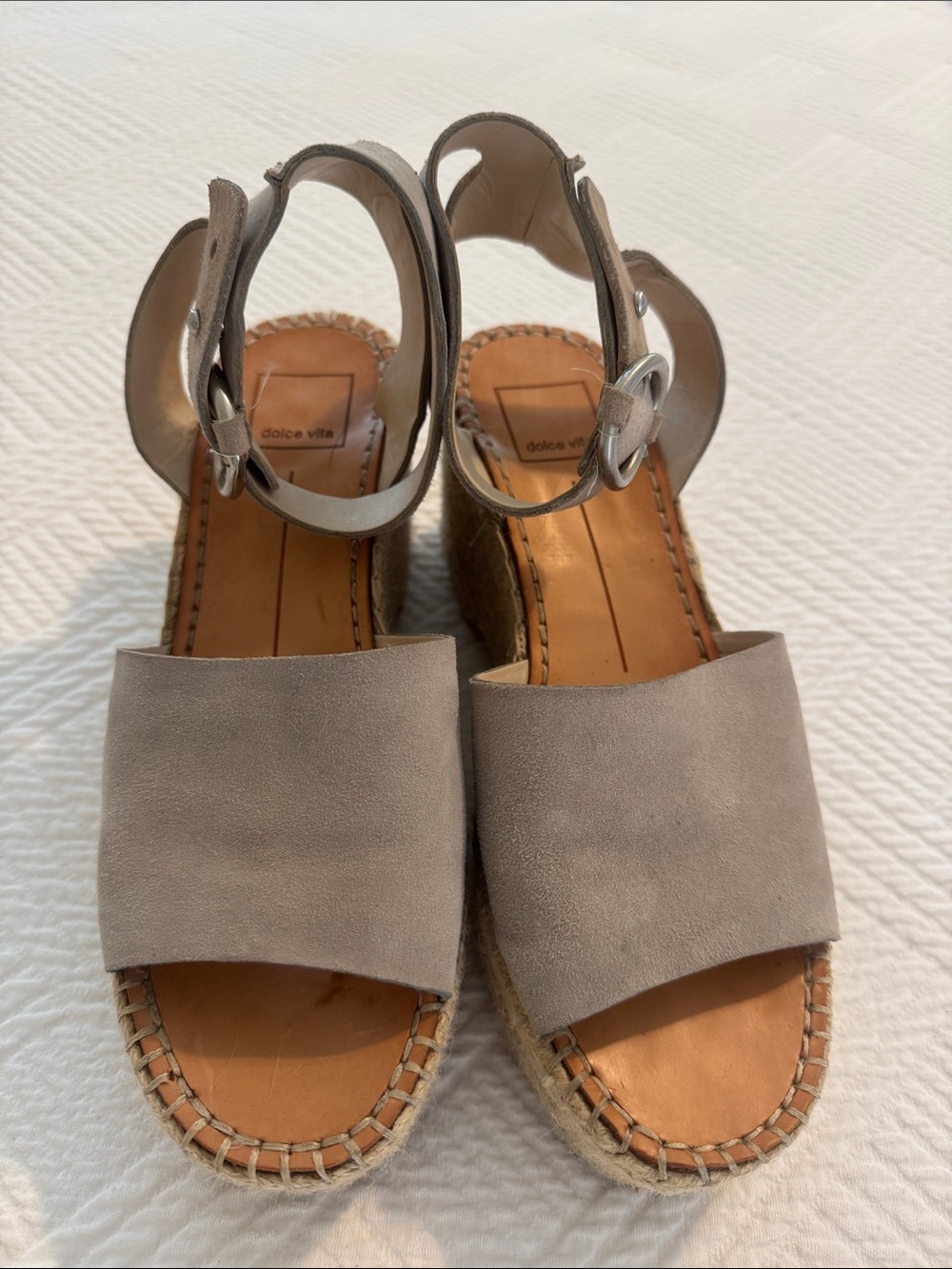 Dolce Vita Suede Taupe Espadrille Wedge Sandals with Ankle Buckle